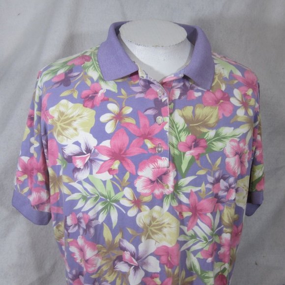 Roamans Women Polo Shirt Hawaiian print XL floral golf lavender pink vintage - Picture 5 of 11